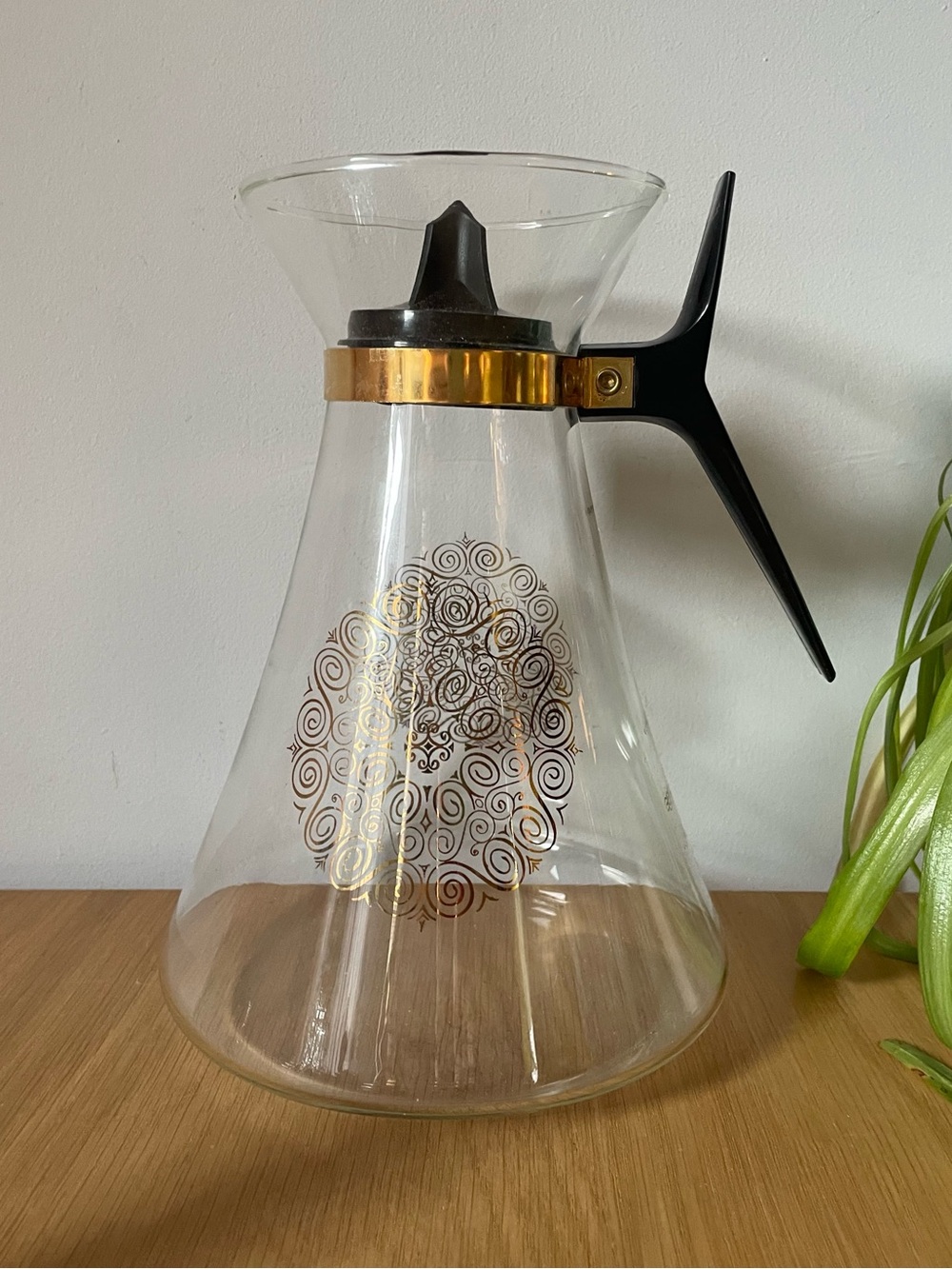 Vintage Geni Corning Glass Coffee Carafe MCM Gold Medallion Atomic Decanter
